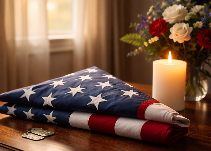 a softly lit room with a neatly folded American flag resting on a wooden table beside a glowing candle in Largo
