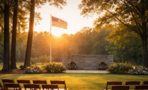 a peaceful outdoor memorial park at sunset with a large American flag gently waving in Largo
