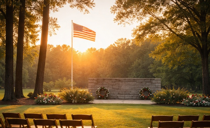 a peaceful outdoor memorial park at sunset with a large American flag gently waving in Largo