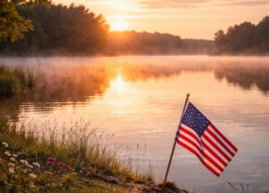 a tranquil sunrise over a calm lake with a small American flag planted near the water’s edge in Palm Harbor
