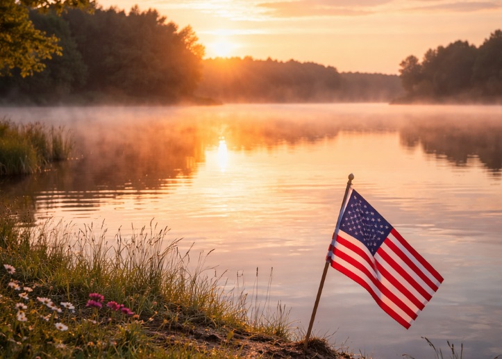 a tranquil sunrise over a calm lake with a small American flag planted near the water’s edge in Palm Harbor