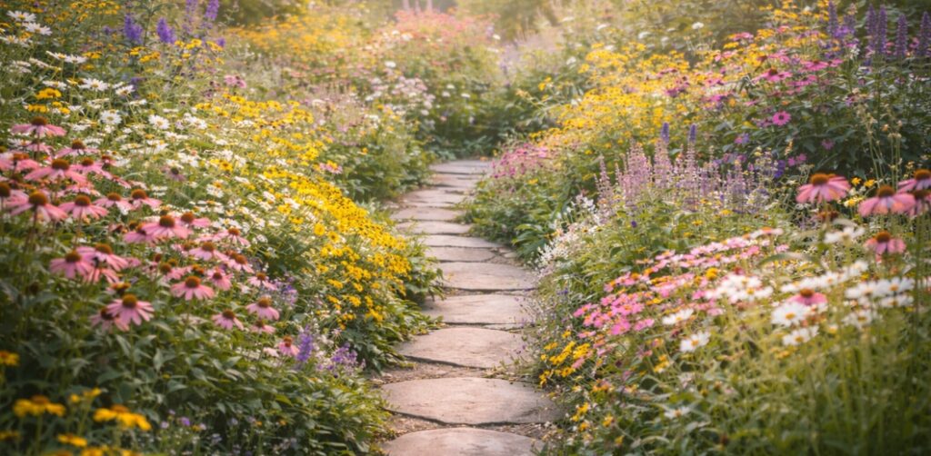 funeral homes Palm Harbor, FL with a peaceful garden path surrounded by blooming wildflowers