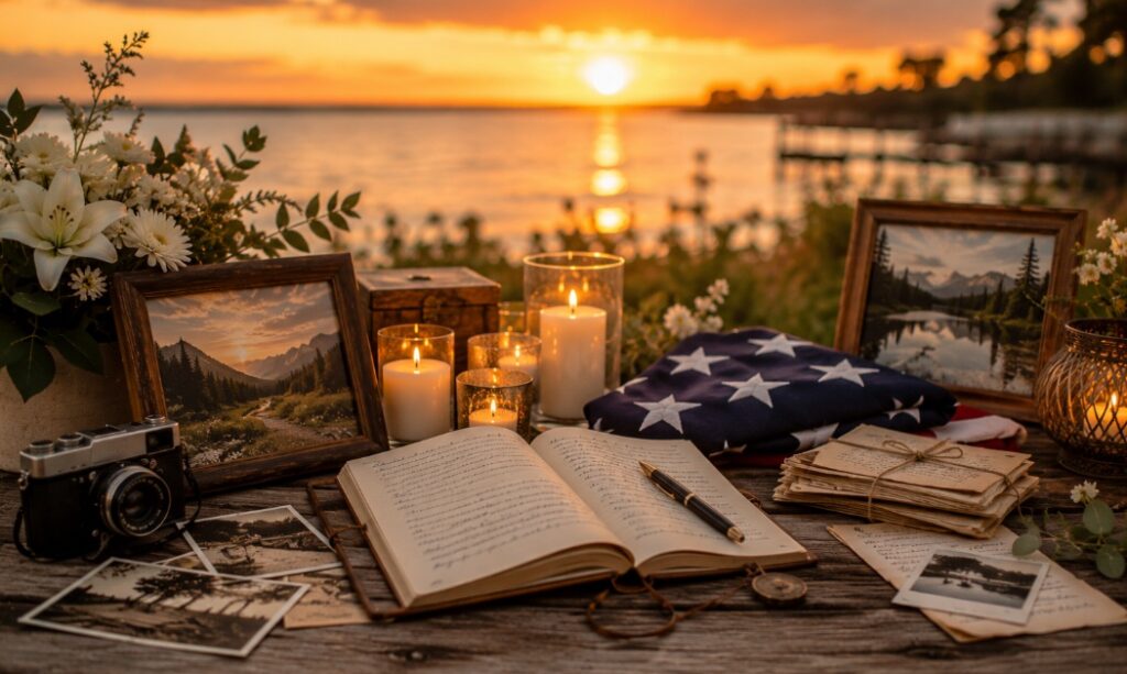 cremation services Palm Harbor, FL with personalized memorial keepsakes, candles, and sunset waterfront reflections