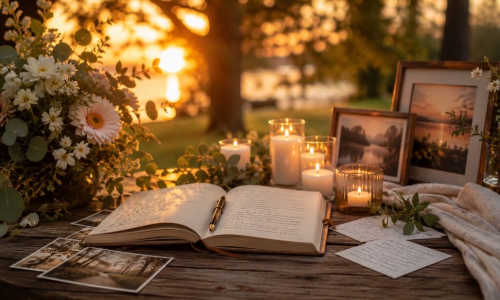funeral homes Palm Harbor, FL with a peaceful memorial display featuring candles, flowers, and a memory journal at sunset